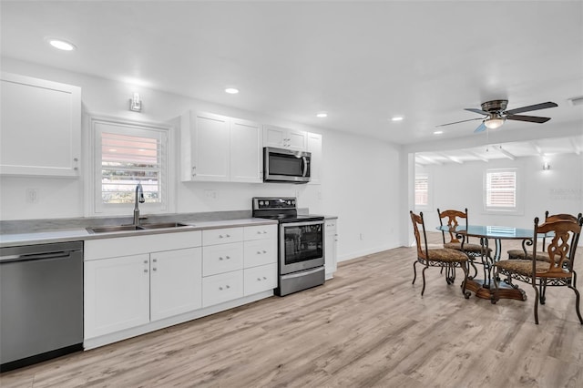 kitchen featuring stainless steel appliances, white cabinetry, sink, and ceiling fan