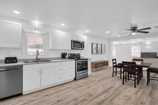 kitchen with appliances with stainless steel finishes, light hardwood / wood-style floors, sink, and white cabinets