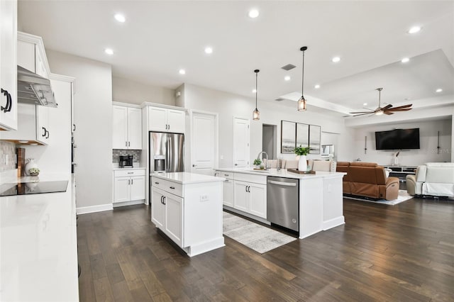 5226 Lake Venice Dr, Wimauma, FL 33598 - kitchen featuring a kitchen island with sink, a sink, stainless steel appliances, extractor fan, and open floor plan