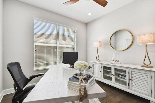 5226 Lake Venice Dr, Wimauma, FL 33598 - office with recessed lighting, dark wood-style floors, baseboards, and ceiling fan