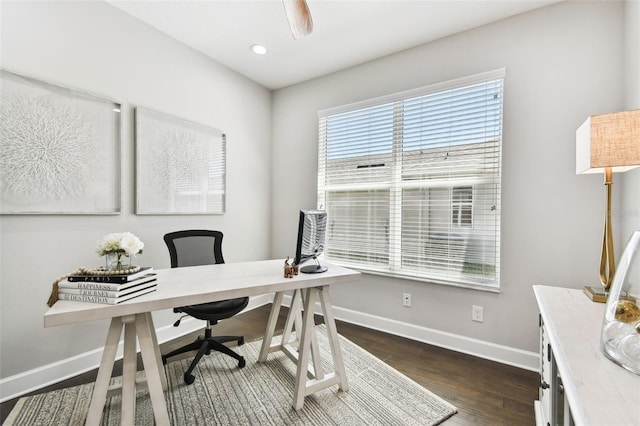 5226 Lake Venice Dr, Wimauma, FL 33598 - office area featuring dark wood-type flooring, recessed lighting, and baseboards