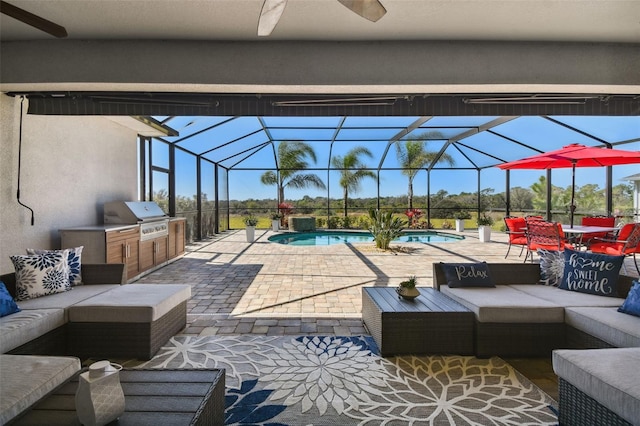 5226 Lake Venice Dr, Wimauma, FL 33598 - view of patio with an outdoor pool, a lanai, an outdoor hangout area, area for grilling, and a grill