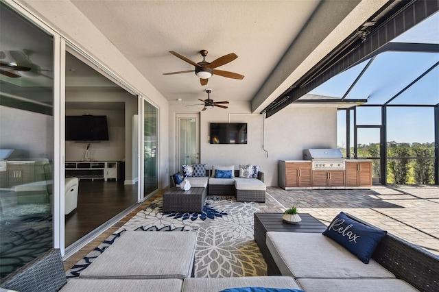 5226 Lake Venice Dr, Wimauma, FL 33598 - view of patio / terrace with area for grilling, ceiling fan, outdoor lounge area, a lanai, and a grill