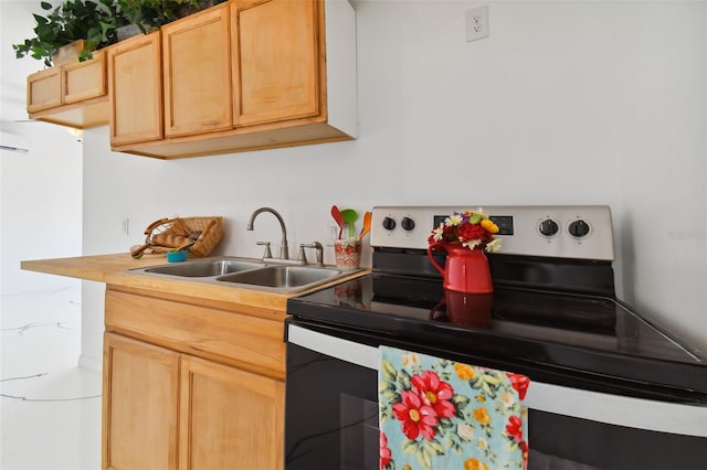 kitchen with electric stove, sink, and light brown cabinetry