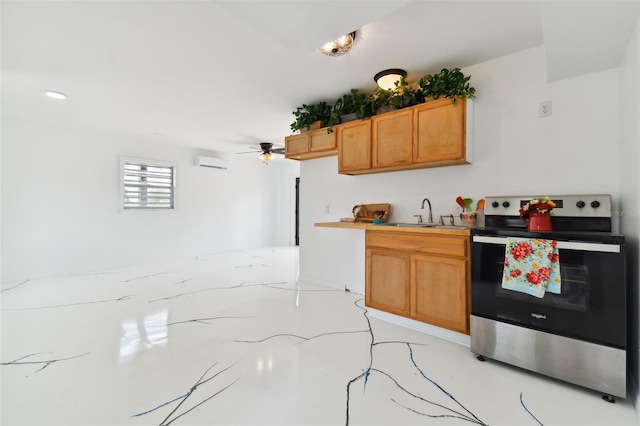 kitchen featuring a wall mounted air conditioner, electric range, ceiling fan, and sink