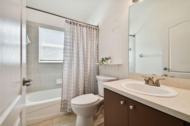 full bathroom with toilet, shower / bathtub combination with curtain, tile patterned floors, and vanity