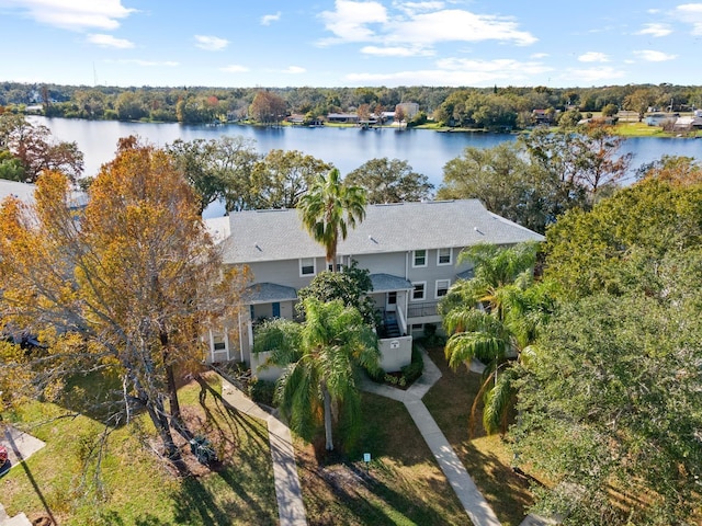 birds eye view of property featuring a water view