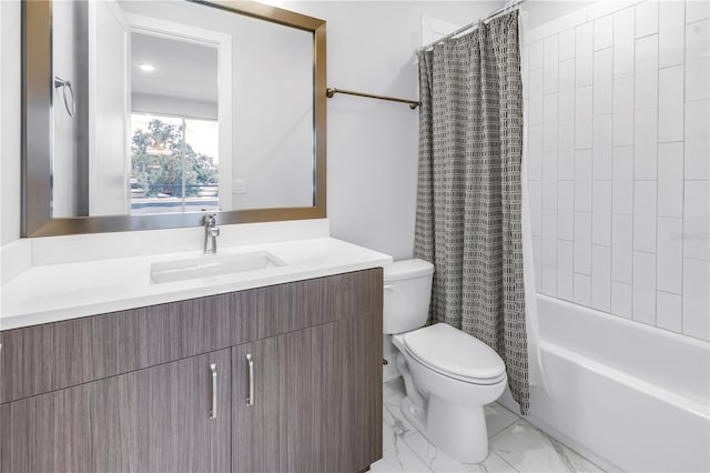 2246 Fiesta Dr, Sarasota, FL 34231 - bathroom with vanity, shower / bath combo with shower curtain, and marble look tile flooring
