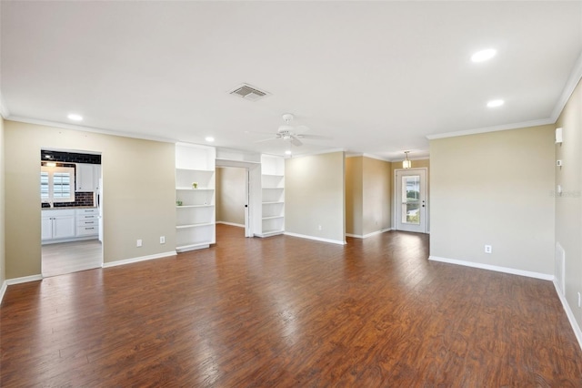 unfurnished living room featuring ceiling fan, dark hardwood / wood-style flooring, and ornamental molding