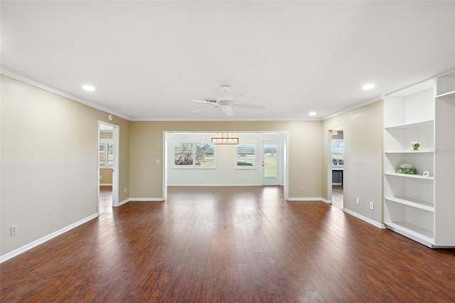 unfurnished living room with crown molding, dark hardwood / wood-style flooring, and ceiling fan