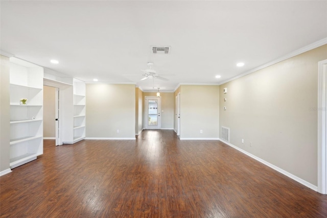 unfurnished living room with built in shelves, dark hardwood / wood-style floors, ornamental molding, and ceiling fan