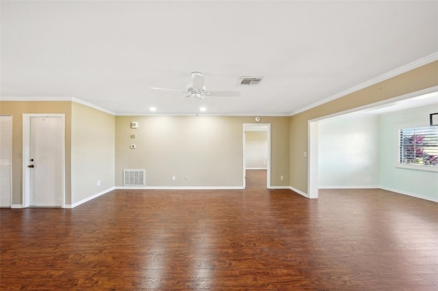 unfurnished room featuring crown molding, ceiling fan, and dark wood-type flooring