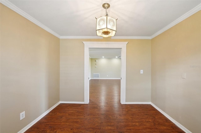 unfurnished dining area featuring crown molding and dark wood-type flooring