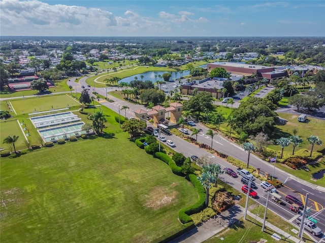 bird's eye view with a water view