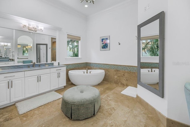 bathroom with a washtub, a healthy amount of sunlight, vanity, and ornamental molding