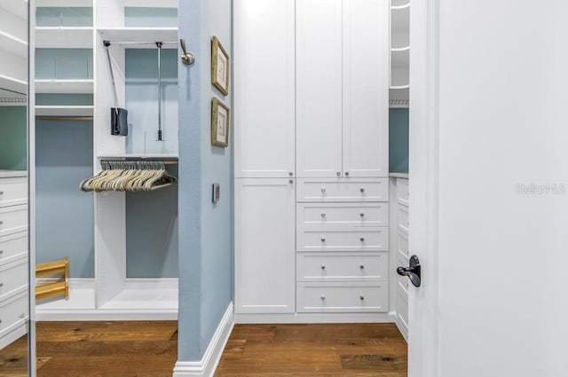 spacious closet with dark hardwood / wood-style floors