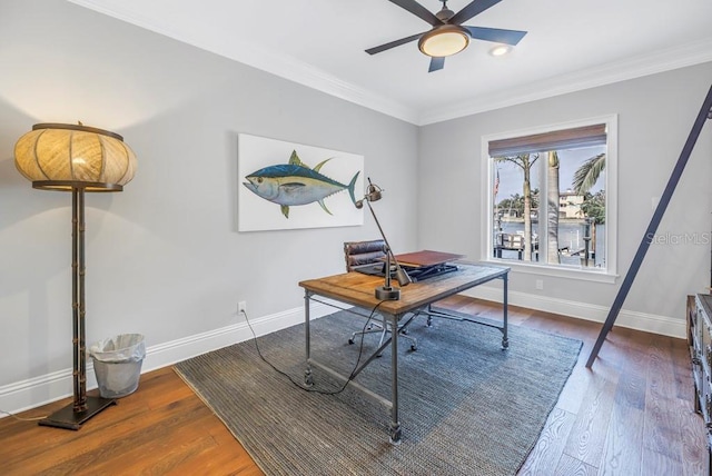 office featuring dark hardwood / wood-style floors, ceiling fan, and ornamental molding