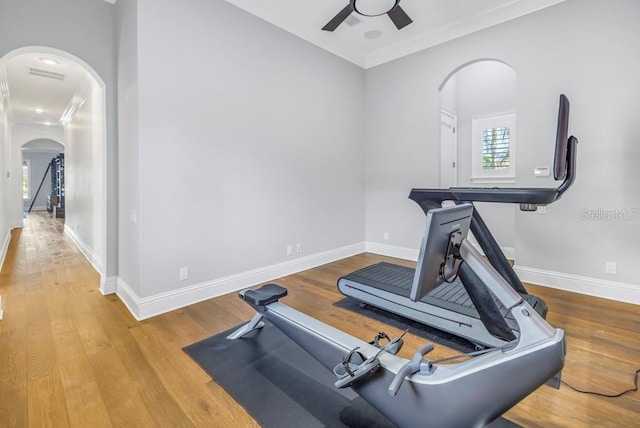 exercise room with ceiling fan, light hardwood / wood-style floors, and ornamental molding