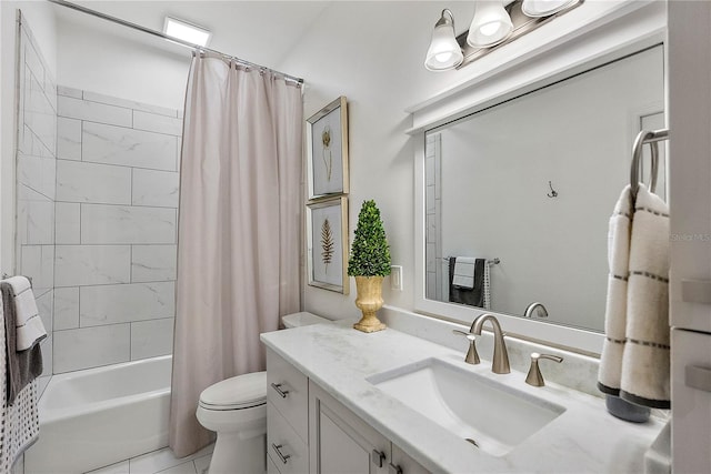 full bathroom with tile patterned flooring, vanity, toilet, and shower / bath combo with shower curtain