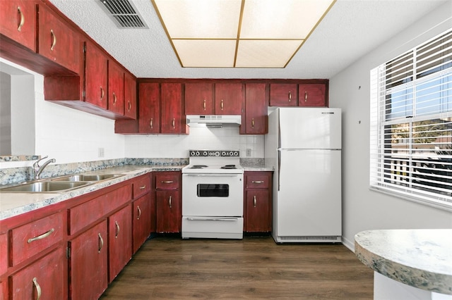 kitchen with dark hardwood / wood-style flooring, white appliances, and sink