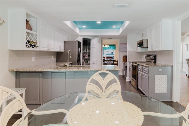 kitchen featuring stainless steel appliances, a peninsula, visible vents, white cabinets, and a tray ceiling