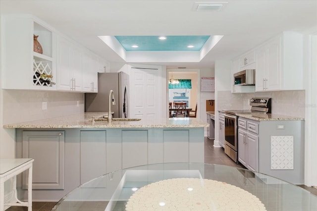 kitchen with a raised ceiling, a peninsula, stainless steel appliances, open shelves, and backsplash