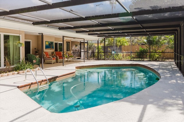 view of pool featuring a fenced in pool, glass enclosure, a patio, and fence