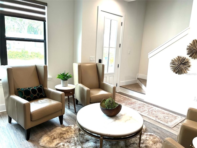 living area with baseboards, wood finished floors, and a healthy amount of sunlight