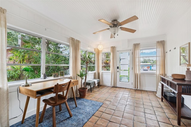 sunroom / solarium featuring ceiling fan