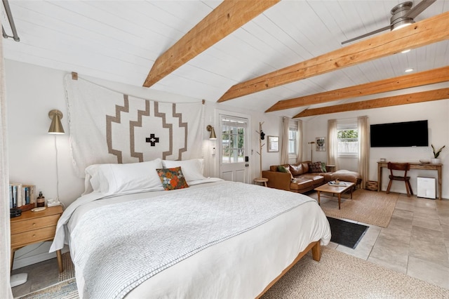 bedroom featuring beamed ceiling and light tile patterned floors