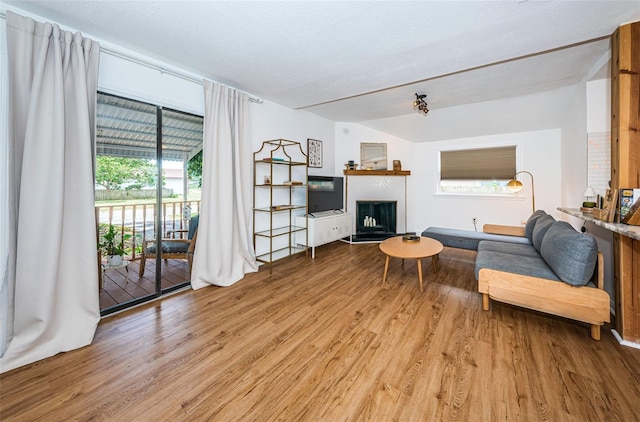 living room featuring lofted ceiling, light wood-type flooring, and a textured ceiling