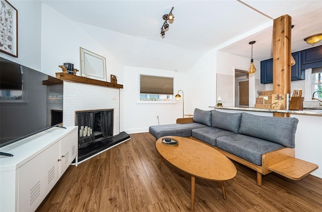 living room with lofted ceiling and dark wood-type flooring