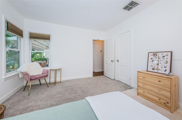 bedroom with light carpet