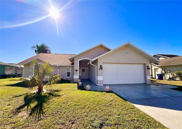 ranch-style home featuring concrete driveway, a front yard, an attached garage, and stucco siding