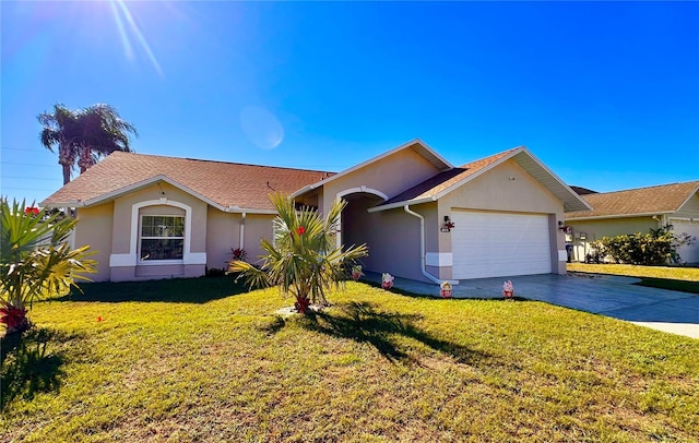 single story home with a front lawn and a garage