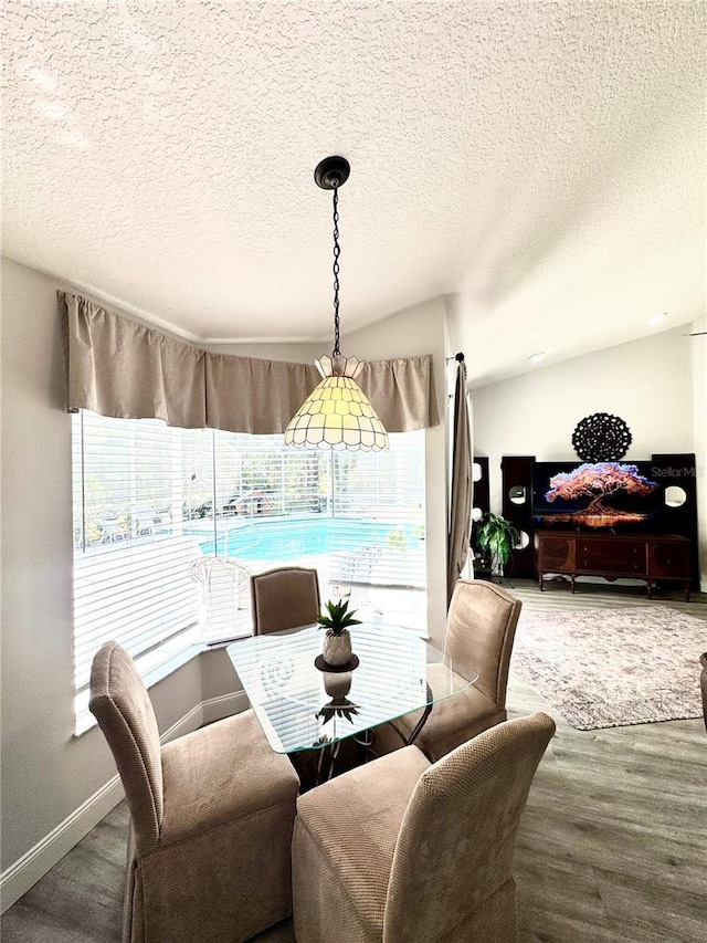 dining room with hardwood / wood-style flooring and a textured ceiling