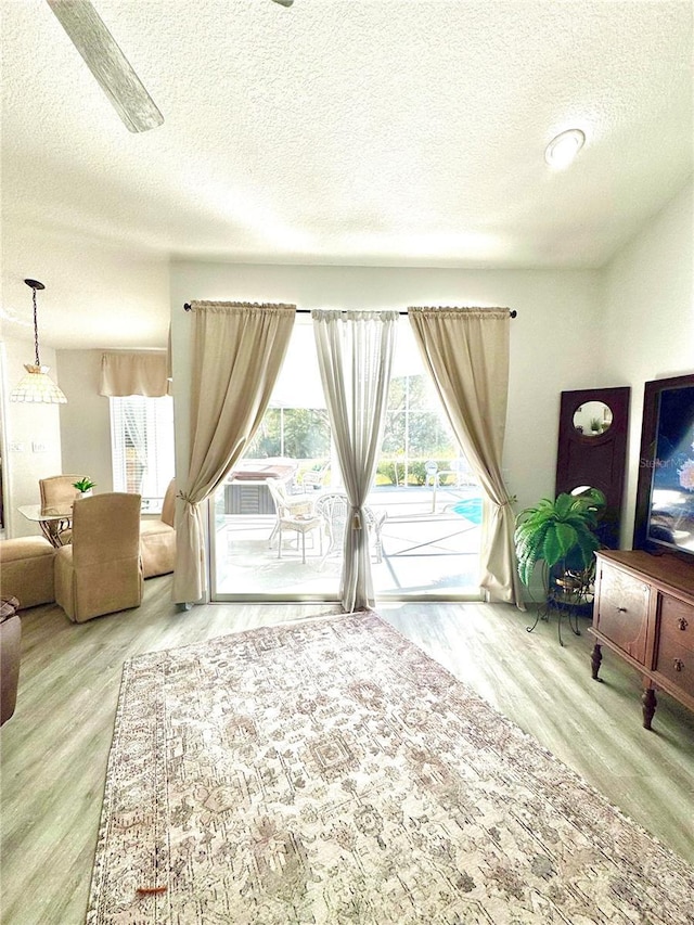 living area with hardwood / wood-style floors and a textured ceiling