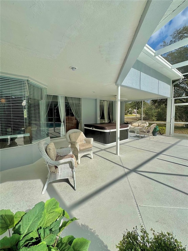 view of patio featuring a hot tub