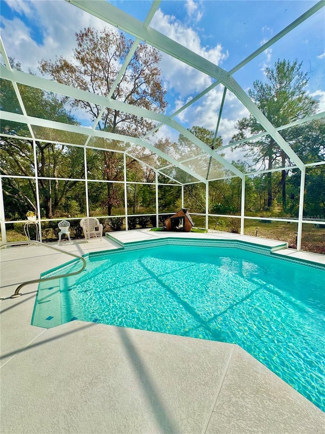 view of swimming pool with a lanai and a patio