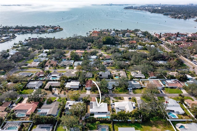 drone / aerial view with a water view