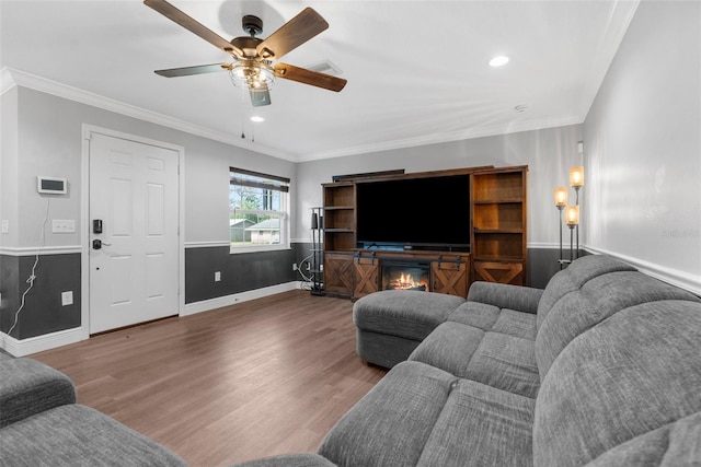 living room with ceiling fan, hardwood / wood-style floors, and ornamental molding