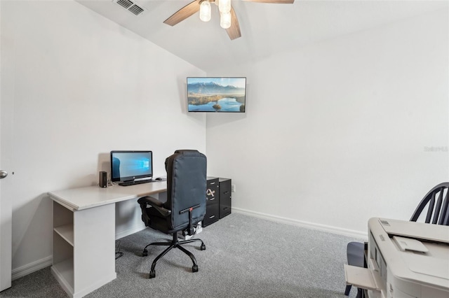 office featuring ceiling fan and carpet flooring