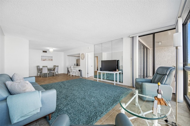 living room with a textured ceiling and expansive windows