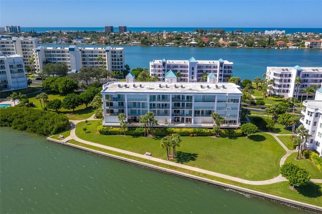 drone / aerial view featuring a water view