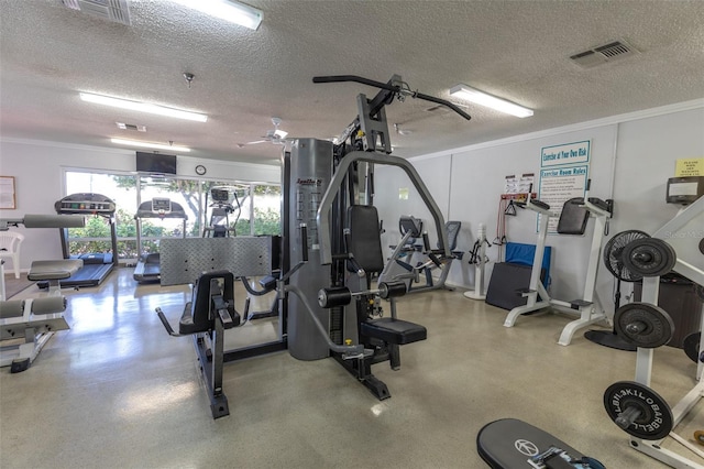 workout area with ornamental molding and a textured ceiling