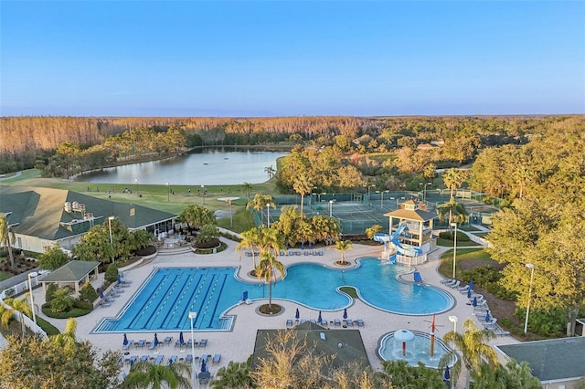 view of pool with a water view