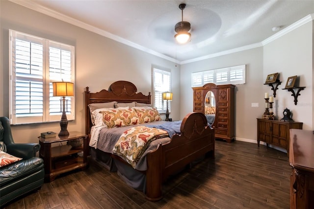 bedroom featuring ornamental molding, ceiling fan, dark wood-type flooring, and baseboards