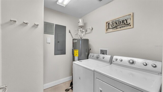 washroom featuring washer and clothes dryer, light tile patterned floors, electric water heater, and electric panel