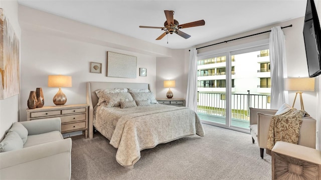 carpeted bedroom with ceiling fan and access to outside