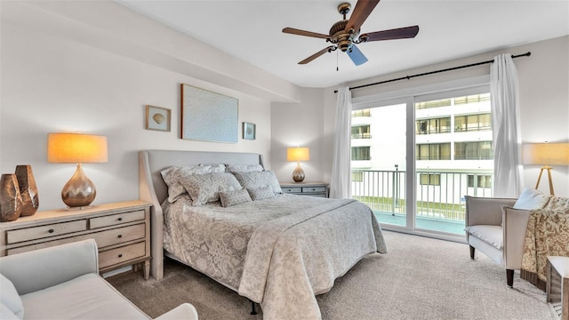 bedroom with ceiling fan, access to exterior, and light colored carpet